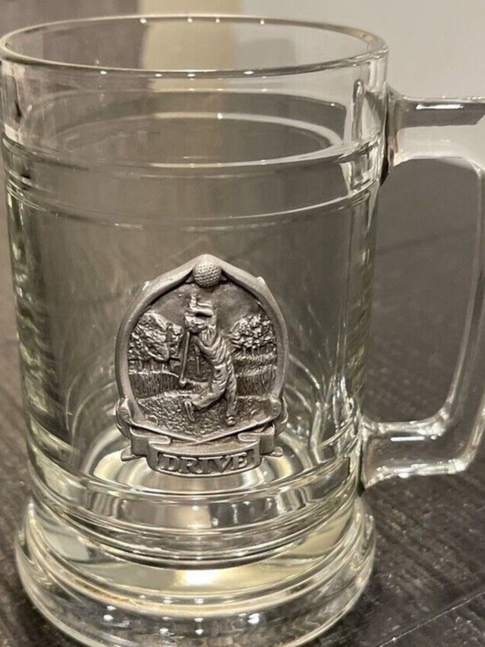 Clear Glass Golf-Themed Beer Stein Mug - Drive Emblem
